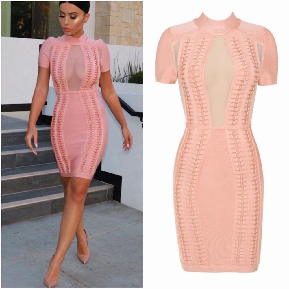 NWT House of CB Pink Bandage Dress L Mesh Illusion Gold Ring Cage Detail Sexy